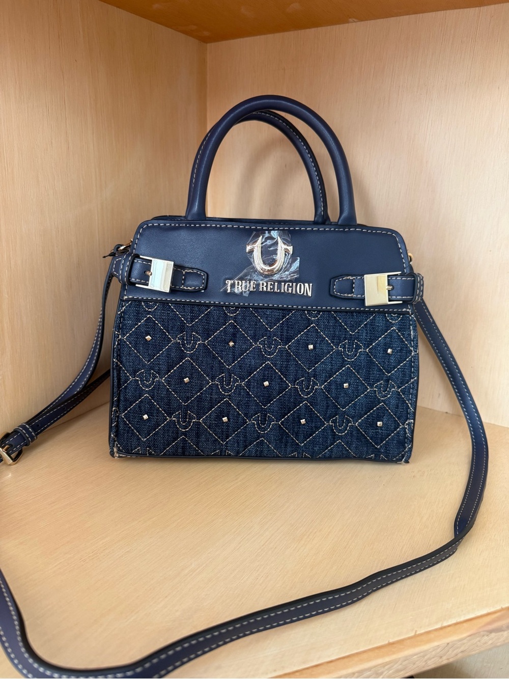 True Religion Denim Quilted Satchel Crossbody Bag Horseshoe Studded